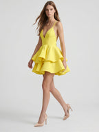 Lemon Stretch Knit A-Line V-Neck Criss-Cross Knee-Length Bridesmaid Dress - Curvevia