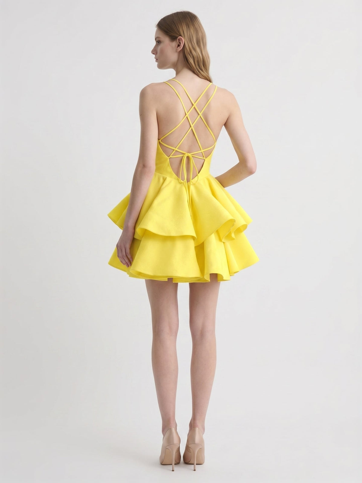 Lemon Stretch Knit A-Line V-Neck Criss-Cross Knee-Length Bridesmaid Dress - Curvevia