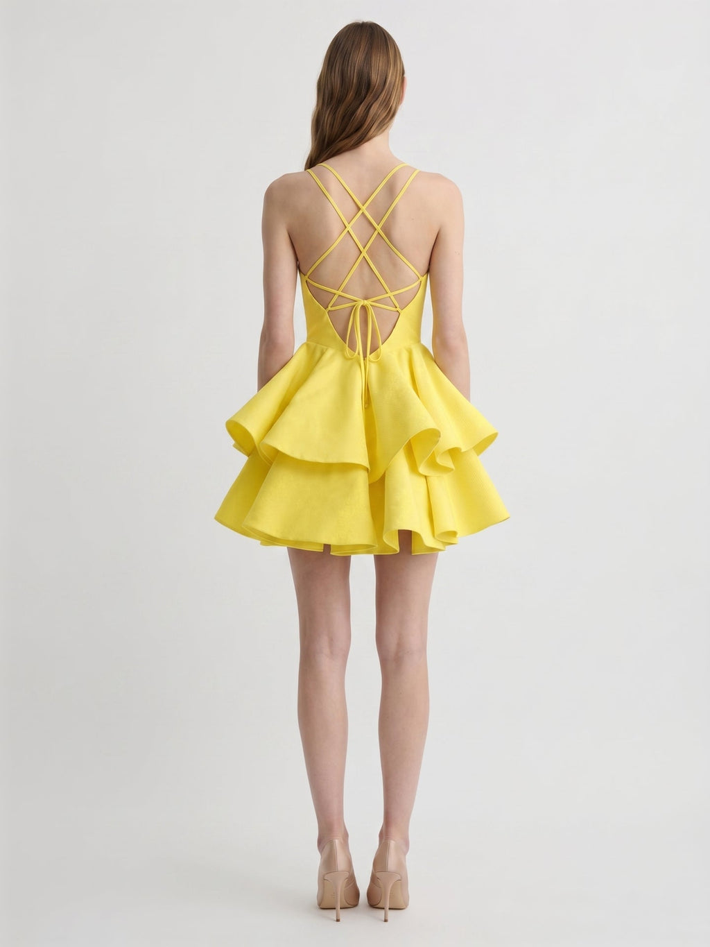Lemon Stretch Knit A-Line V-Neck Criss-Cross Knee-Length Bridesmaid Dress - Curvevia