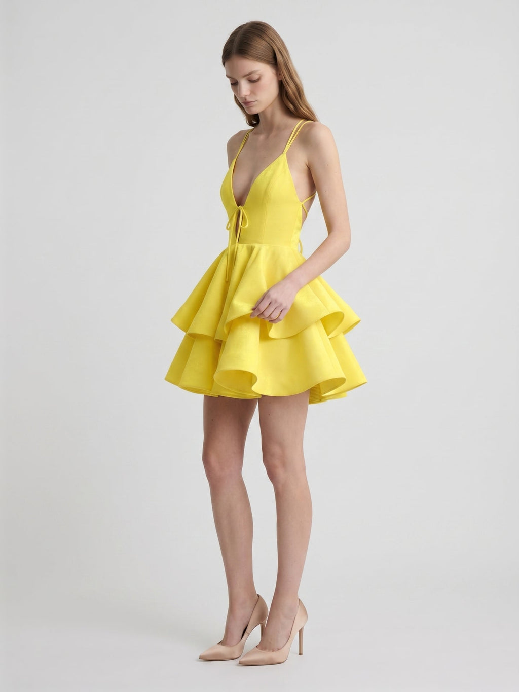 Lemon Stretch Knit A-Line V-Neck Criss-Cross Knee-Length Bridesmaid Dress - Curvevia
