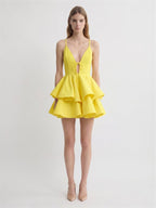 Lemon Stretch Knit A-Line V-Neck Criss-Cross Knee-Length Bridesmaid Dress - Curvevia