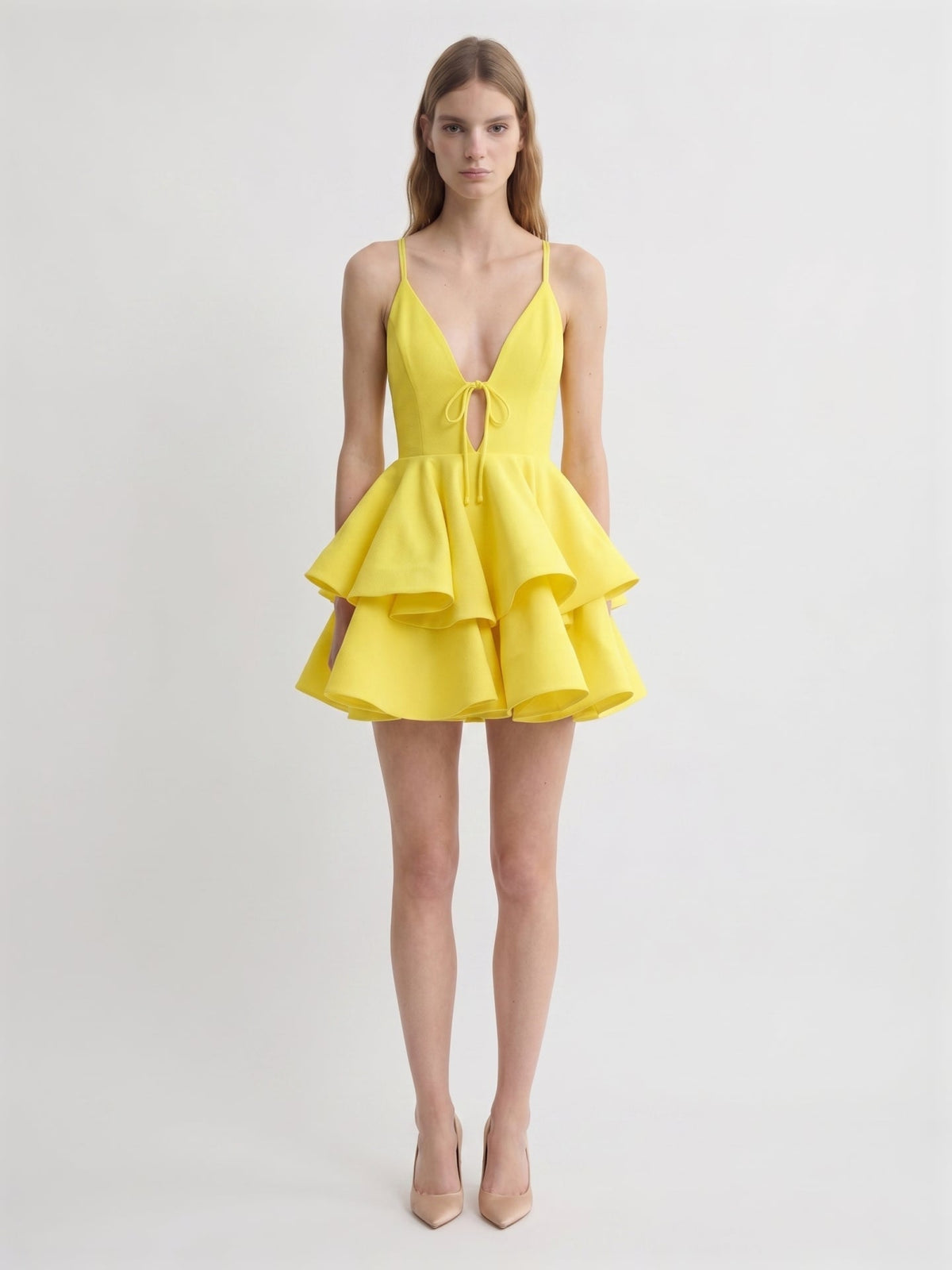 Lemon Stretch Knit A-Line V-Neck Criss-Cross Knee-Length Bridesmaid Dress - Curvevia