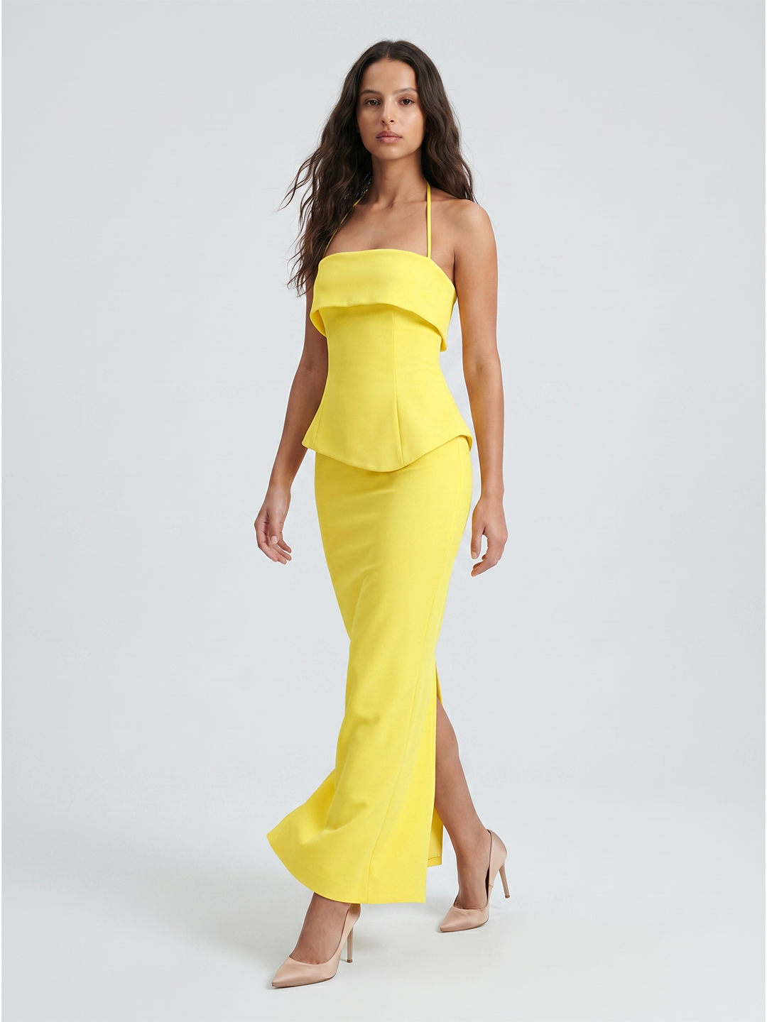 Lemon Stretch Knit Column Halter Backless Ankle-Length Bridesmaid Dress - Curvevia