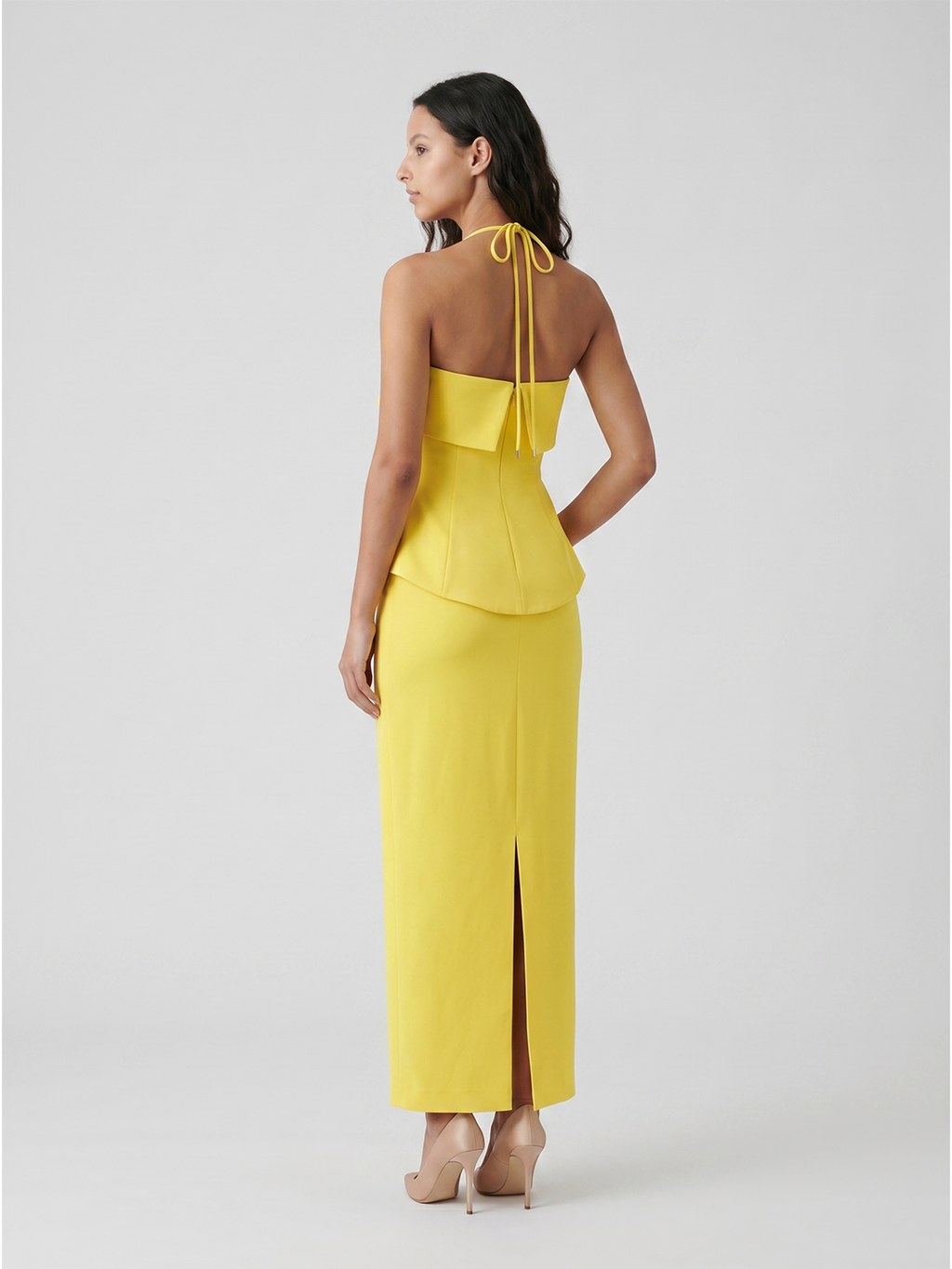 Lemon Stretch Knit Column Halter Backless Ankle-Length Bridesmaid Dress - Curvevia
