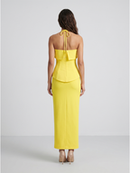 Lemon Stretch Knit Column Halter Backless Ankle-Length Bridesmaid Dress - Curvevia