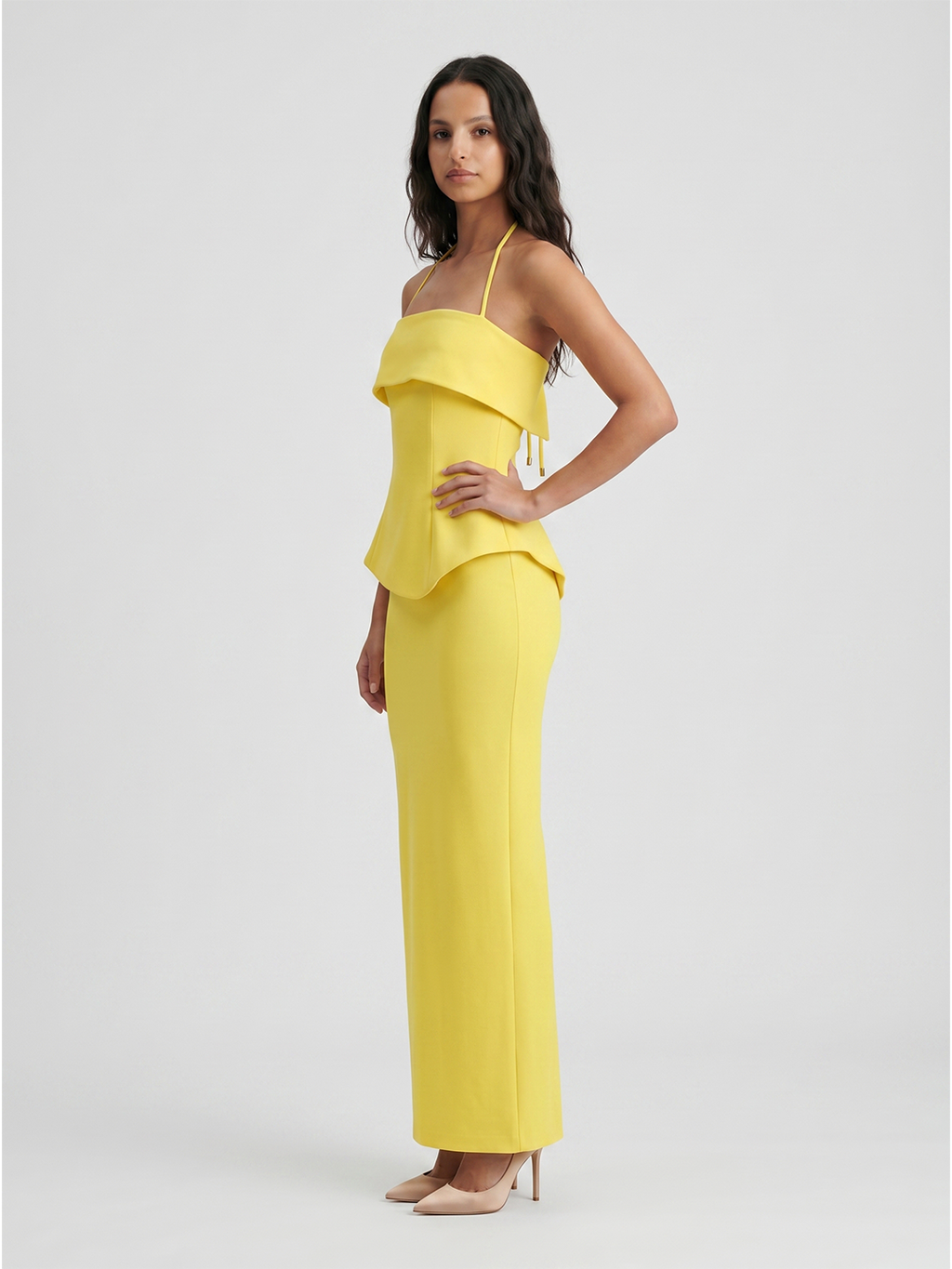Lemon Stretch Knit Column Halter Backless Ankle-Length Bridesmaid Dress - Curvevia