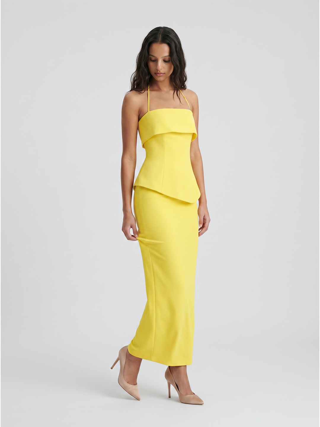 Lemon Stretch Knit Column Halter Backless Ankle-Length Bridesmaid Dress - Curvevia