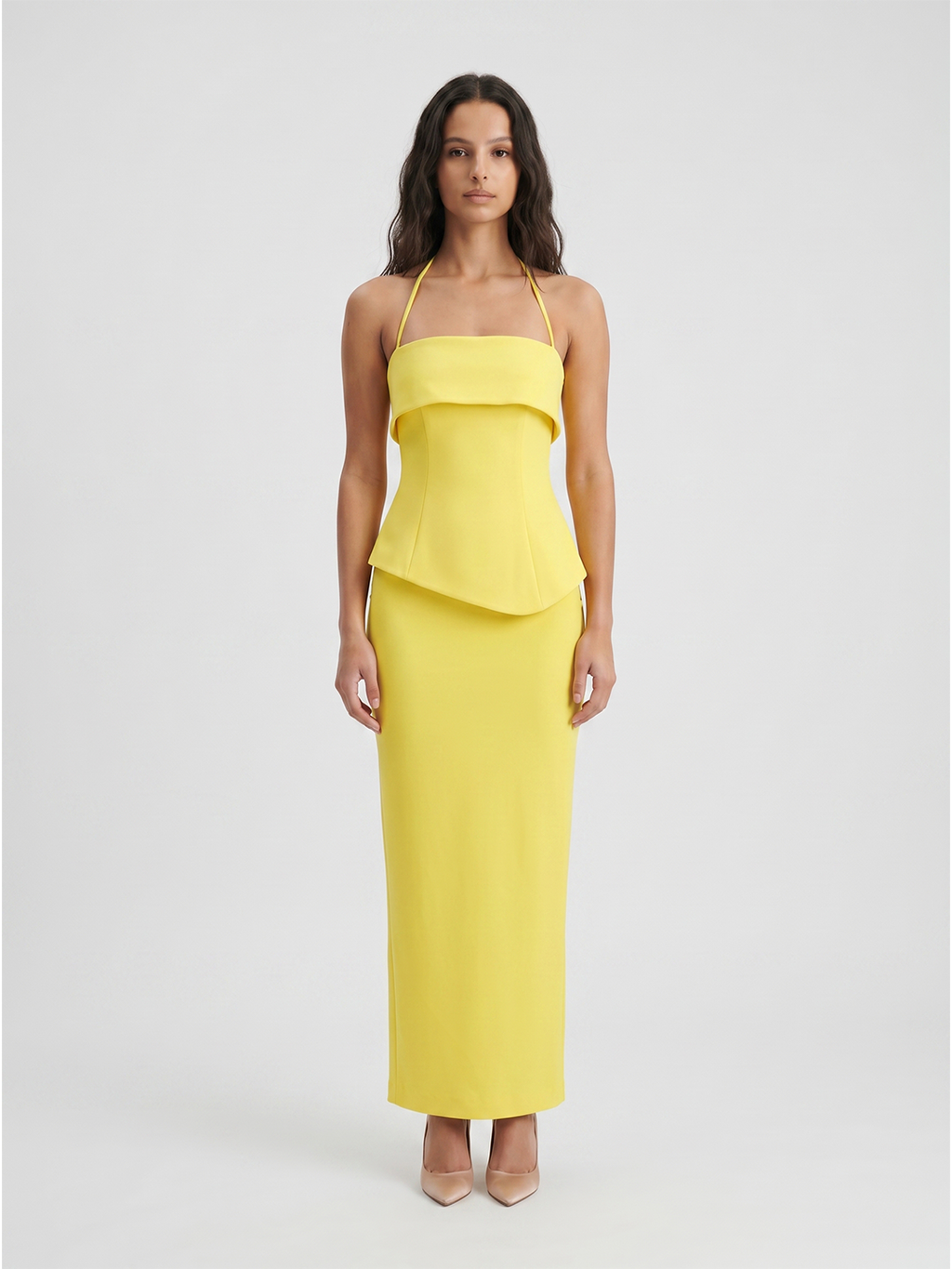Lemon Stretch Knit Column Halter Backless Ankle-Length Bridesmaid Dress - Curvevia
