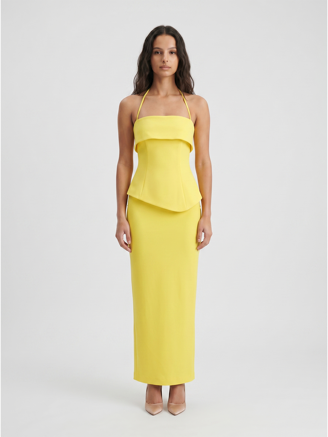 Lemon Stretch Knit Column Halter Backless Ankle-Length Bridesmaid Dress - Curvevia