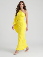 Lemon Stretch Knit Column One Shoulder Backless Ankle-Length Bridesmaid Dress with Pleats - Curvevia
