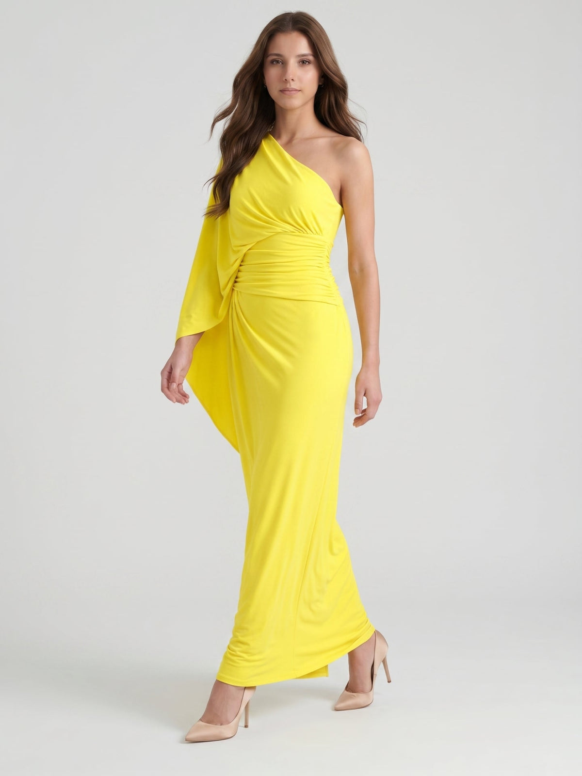Lemon Stretch Knit Column One Shoulder Backless Ankle-Length Bridesmaid Dress with Pleats - Curvevia