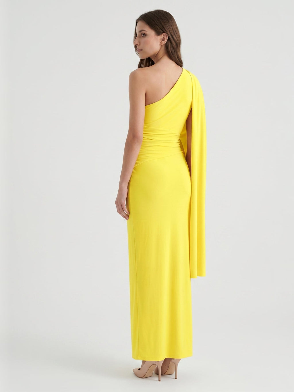 Lemon Stretch Knit Column One Shoulder Backless Ankle-Length Bridesmaid Dress with Pleats - Curvevia
