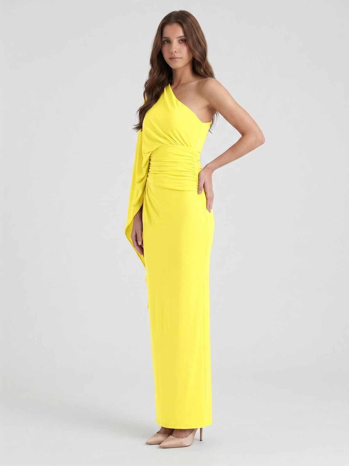 Lemon Stretch Knit Column One Shoulder Backless Ankle-Length Bridesmaid Dress with Pleats - Curvevia