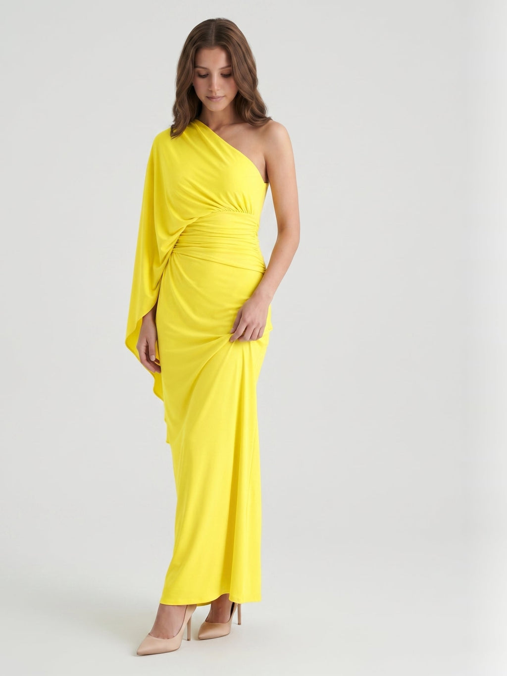 Lemon Stretch Knit Column One Shoulder Backless Ankle-Length Bridesmaid Dress with Pleats - Curvevia