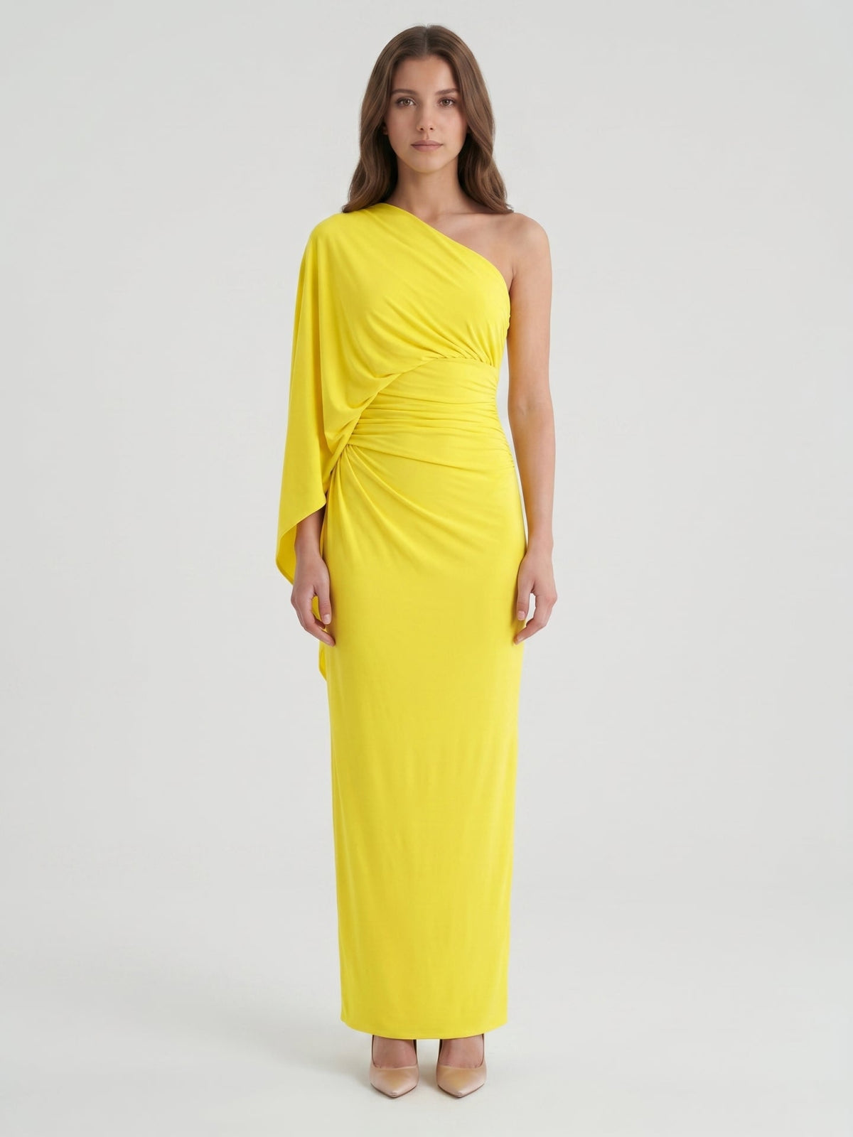 Lemon Stretch Knit Column One Shoulder Backless Ankle-Length Bridesmaid Dress with Pleats - Curvevia