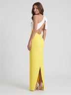 Lemon Stretch Knit Column One Shoulder Backless Floor-Length Bridesmaid Dress with Bow - Curvevia