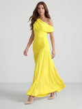 Lemon Stretch Knit A-Line One Shoulder Backless Ankle-Length Bridesmaid Dress with Pleats - Curvevia