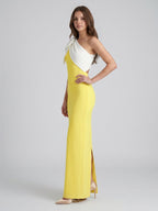 Lemon Stretch Knit Column One Shoulder Backless Floor-Length Bridesmaid Dress with Bow - Curvevia