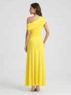 Lemon Stretch Knit A-Line One Shoulder Backless Ankle-Length Bridesmaid Dress with Pleats - Curvevia