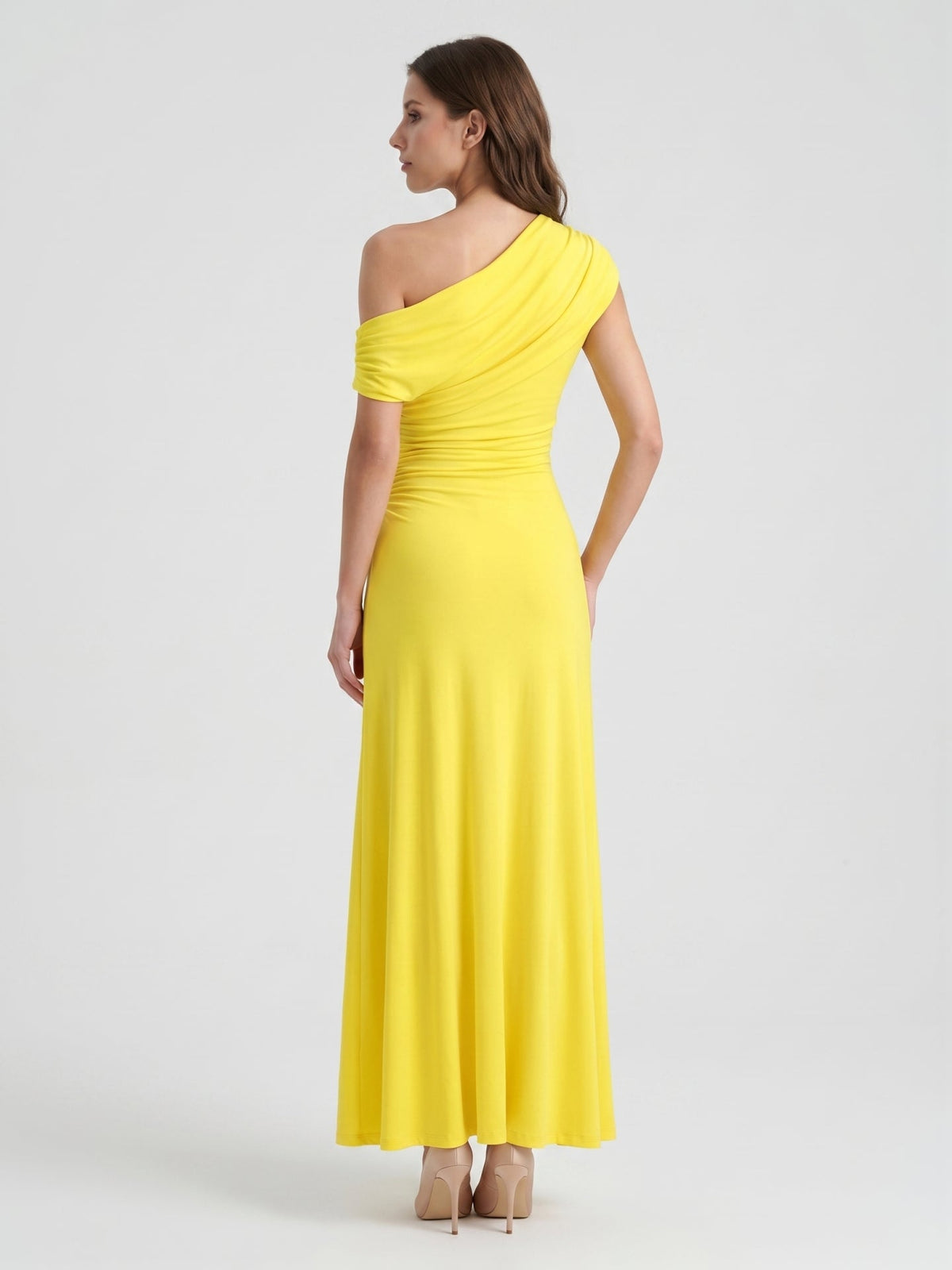 Lemon Stretch Knit A-Line One Shoulder Backless Ankle-Length Bridesmaid Dress with Pleats - Curvevia