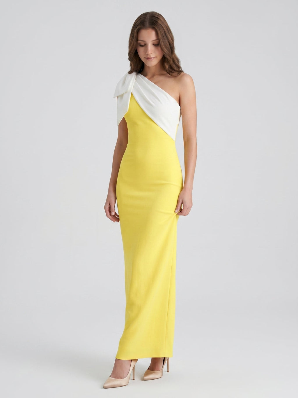 Lemon Stretch Knit Column One Shoulder Backless Floor-Length Bridesmaid Dress with Bow - Curvevia