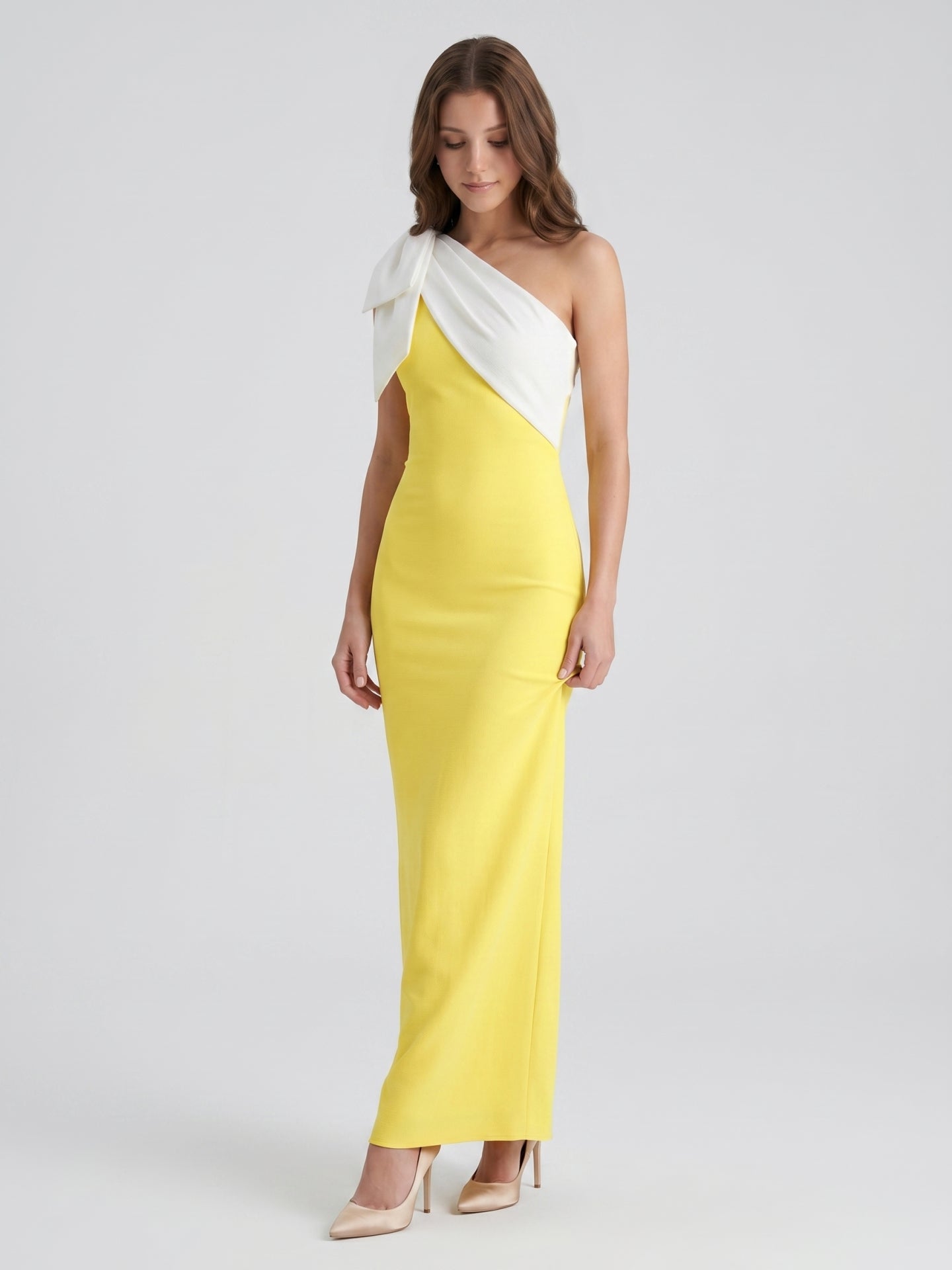 Lemon Stretch Knit Column One Shoulder Backless Floor-Length Bridesmaid Dress with Bow - Curvevia