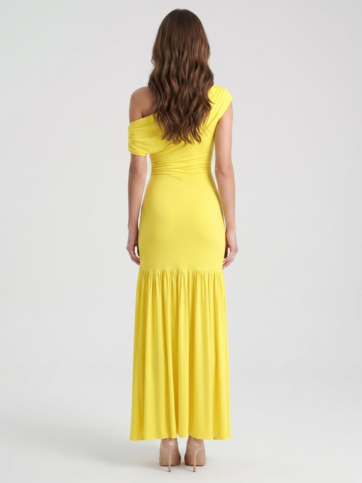 Lemon Stretch Knit A-Line One Shoulder Backless Ankle-Length Bridesmaid Dress with Pleats - Curvevia