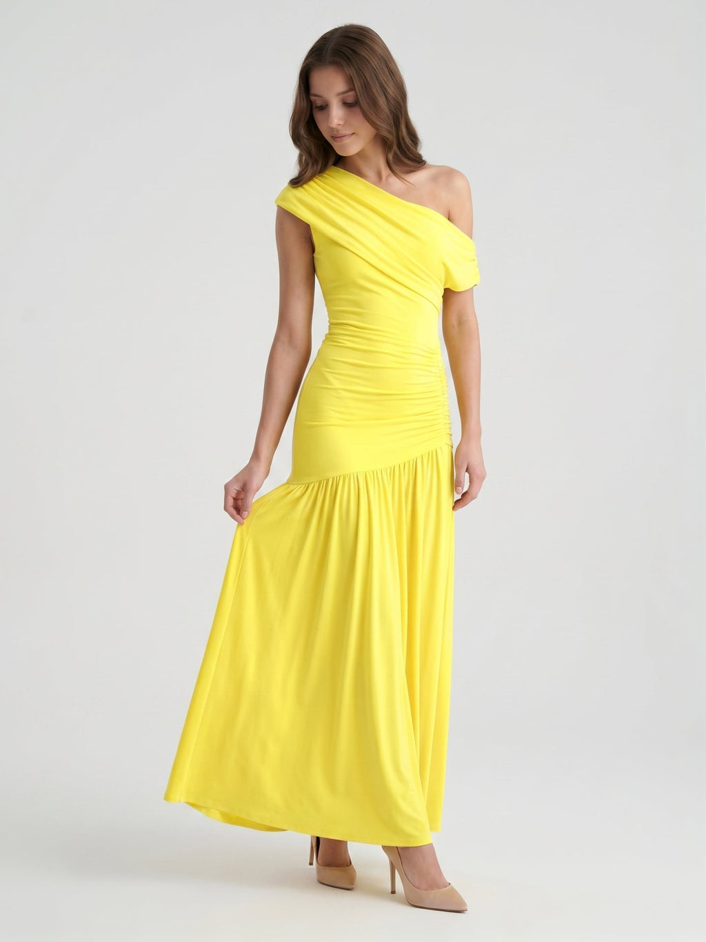 Lemon Stretch Knit A-Line One Shoulder Backless Ankle-Length Bridesmaid Dress with Pleats - Curvevia