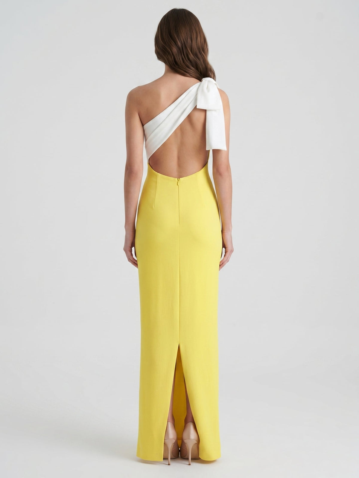Lemon Stretch Knit Column One Shoulder Backless Floor-Length Bridesmaid Dress with Bow - Curvevia