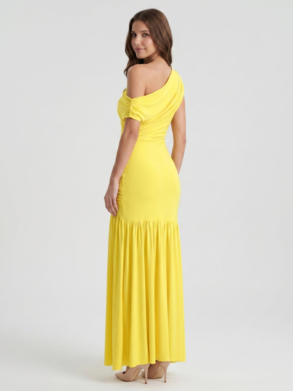 Lemon Stretch Knit A-Line One Shoulder Backless Ankle-Length Bridesmaid Dress with Pleats - Curvevia