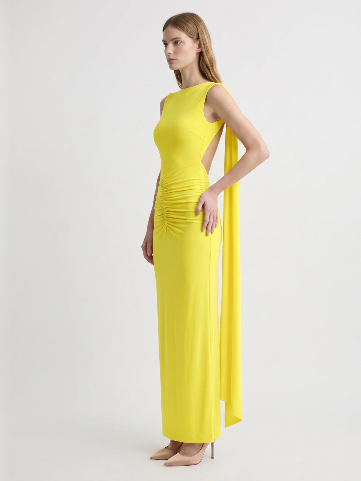 Lemon Stretch Knit Column Scoop Neck Floor-Length Bridesmaid Dress with Pleats - Curvevia