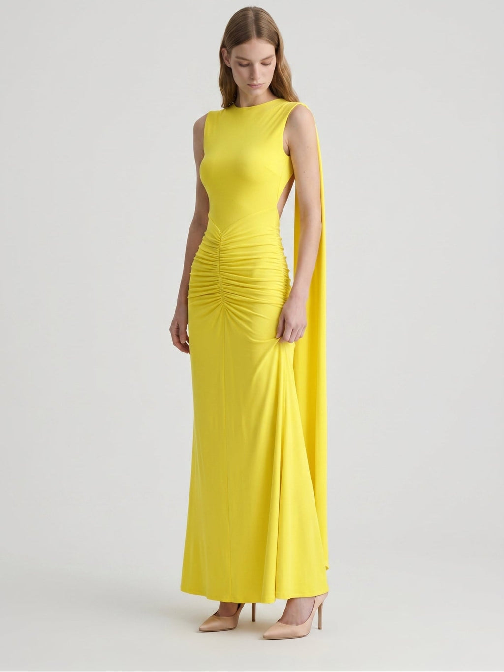 Lemon Stretch Knit Column Scoop Neck Floor-Length Bridesmaid Dress with Pleats - Curvevia