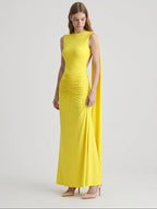 Lemon Stretch Knit Column Scoop Neck Floor-Length Bridesmaid Dress with Pleats - Curvevia