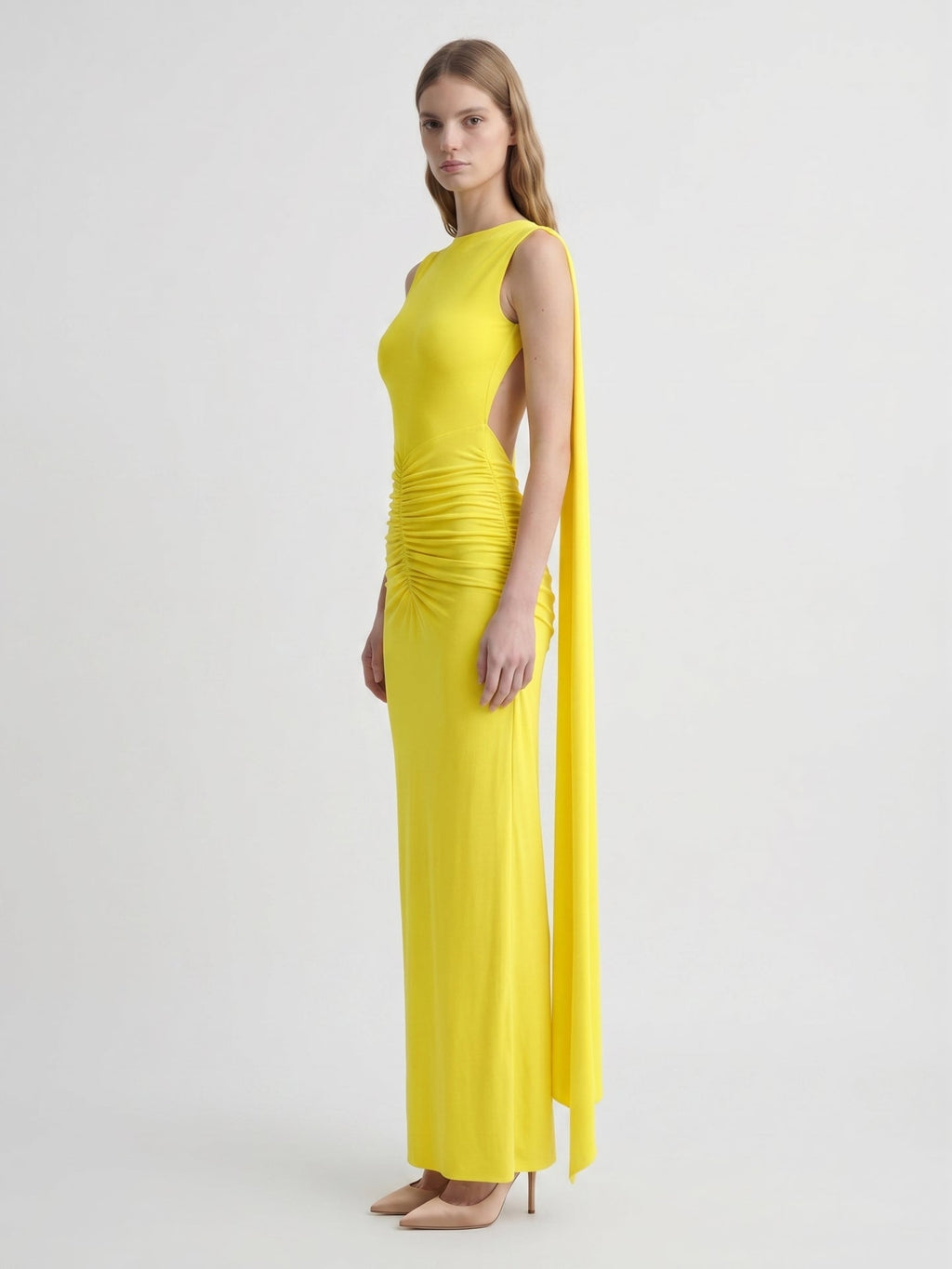 Lemon Stretch Knit Column Scoop Neck Floor-Length Bridesmaid Dress with Pleats - Curvevia