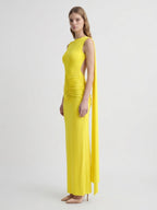 Lemon Stretch Knit Column Scoop Neck Floor-Length Bridesmaid Dress with Pleats - Curvevia