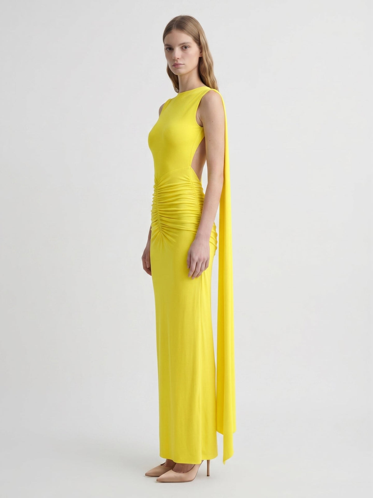 Lemon Stretch Knit Column Scoop Neck Floor-Length Bridesmaid Dress with Pleats - Curvevia