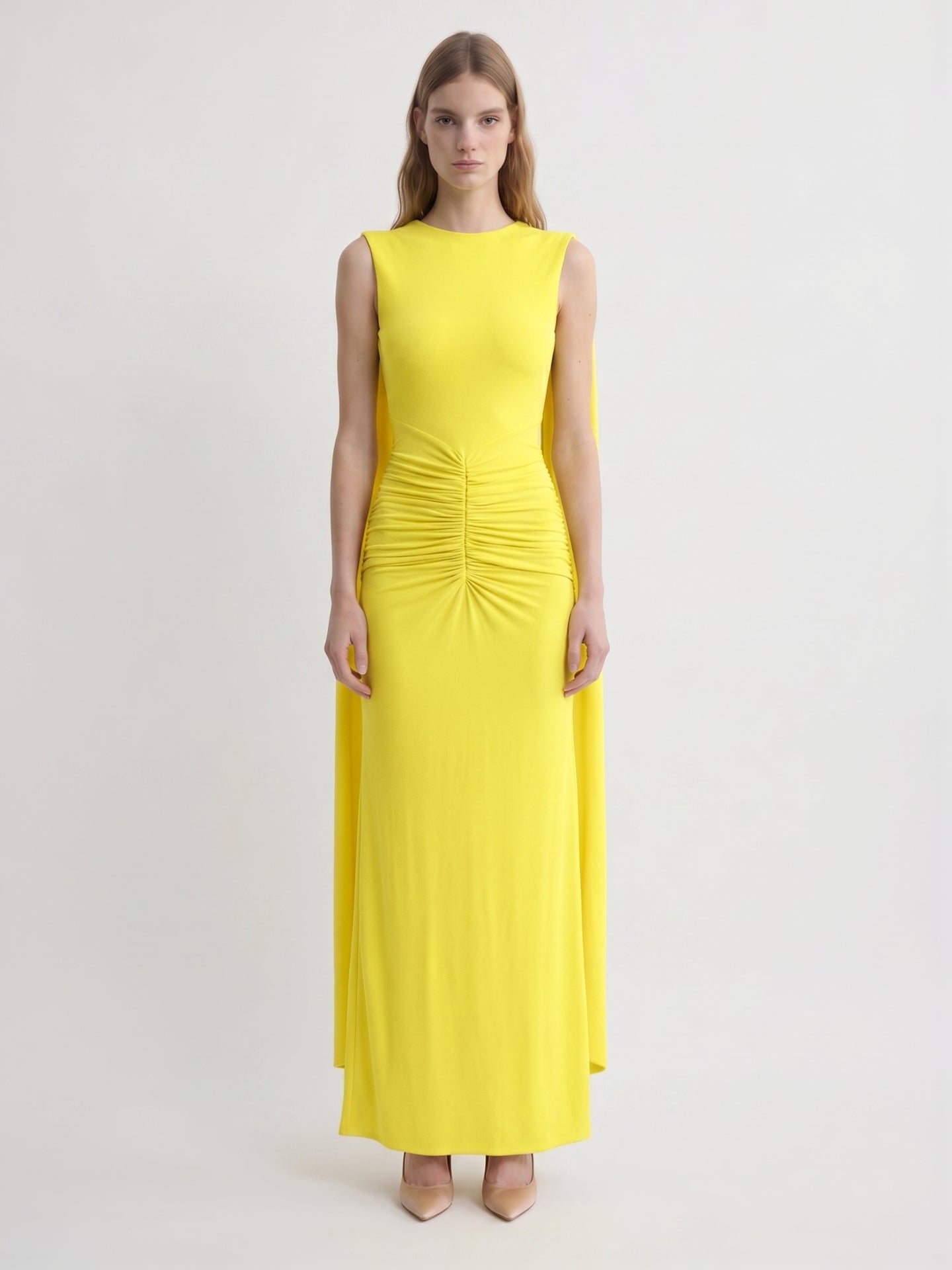 Lemon Stretch Knit Column Scoop Neck Floor-Length Bridesmaid Dress with Pleats - Curvevia