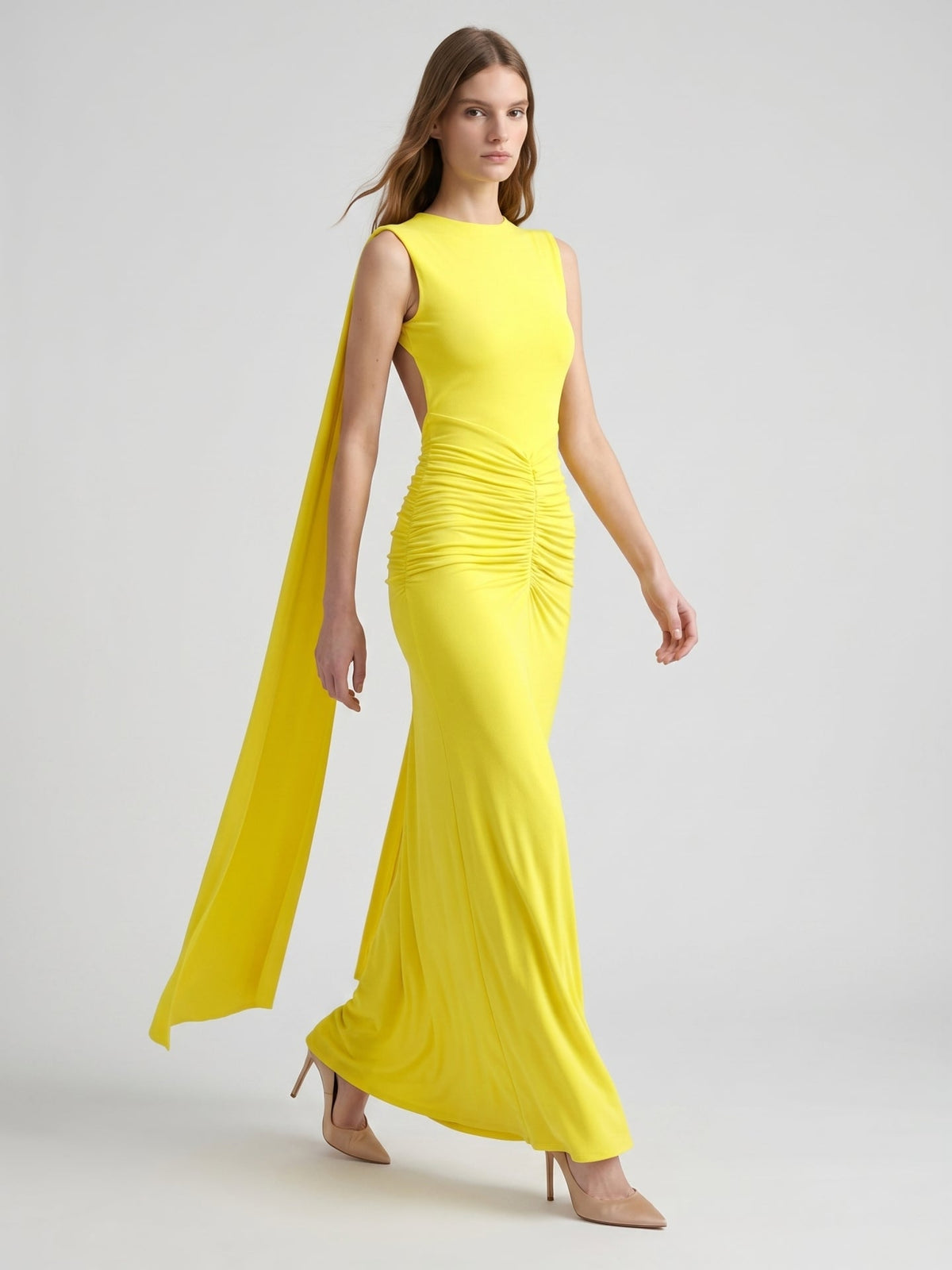 Lemon Stretch Knit Column Scoop Neck Floor-Length Bridesmaid Dress with Pleats - Curvevia