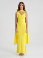 Lemon Stretch Knit Mermaid Cowl Neck Backless Floor-Length Bridesmaid Dress with Pleats - Curvevia