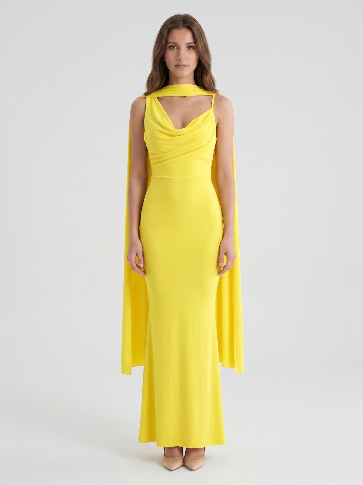 Lemon Stretch Knit Mermaid Cowl Neck Backless Floor-Length Bridesmaid Dress with Pleats - Curvevia