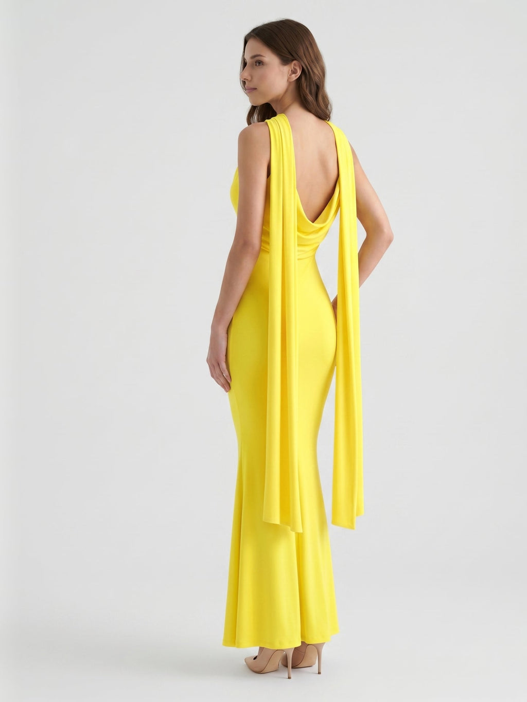 Lemon Stretch Knit Mermaid Cowl Neck Backless Floor-Length Bridesmaid Dress with Pleats - Curvevia