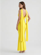 Lemon Stretch Knit Mermaid Cowl Neck Backless Floor-Length Bridesmaid Dress with Pleats - Curvevia