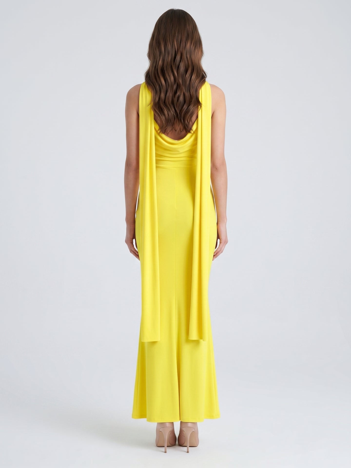 Lemon Stretch Knit Mermaid Cowl Neck Backless Floor-Length Bridesmaid Dress with Pleats - Curvevia
