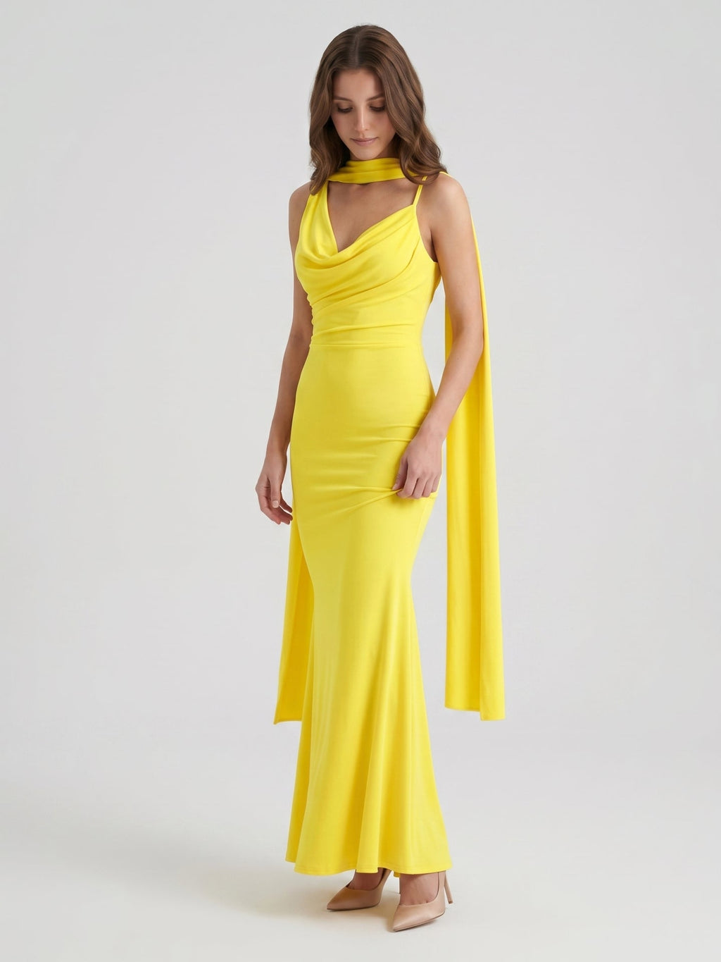Lemon Stretch Knit Mermaid Cowl Neck Backless Floor-Length Bridesmaid Dress with Pleats - Curvevia
