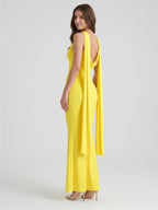 Lemon Stretch Knit Mermaid Cowl Neck Backless Floor-Length Bridesmaid Dress with Pleats - Curvevia