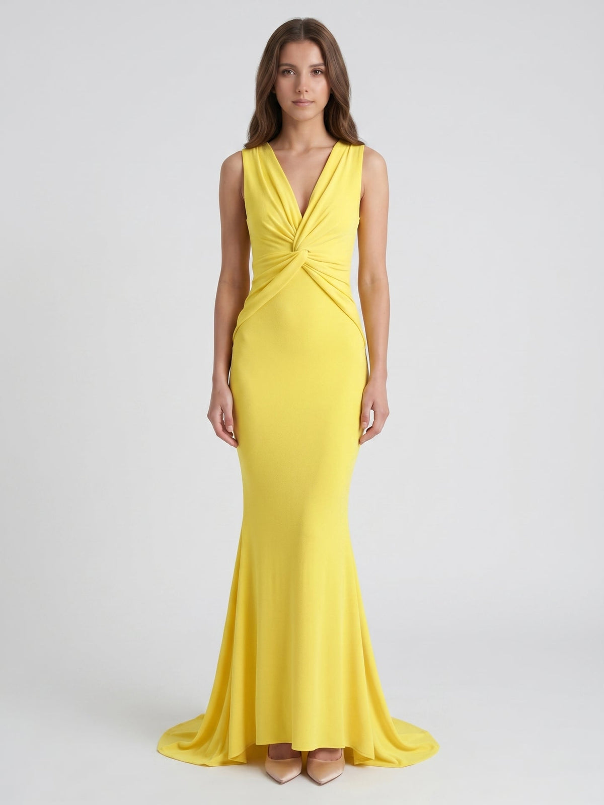 Lemon Stretch Knit Mermaid V-Neck Floor-Length Bridesmaid Dress with Pleats - Curvevia