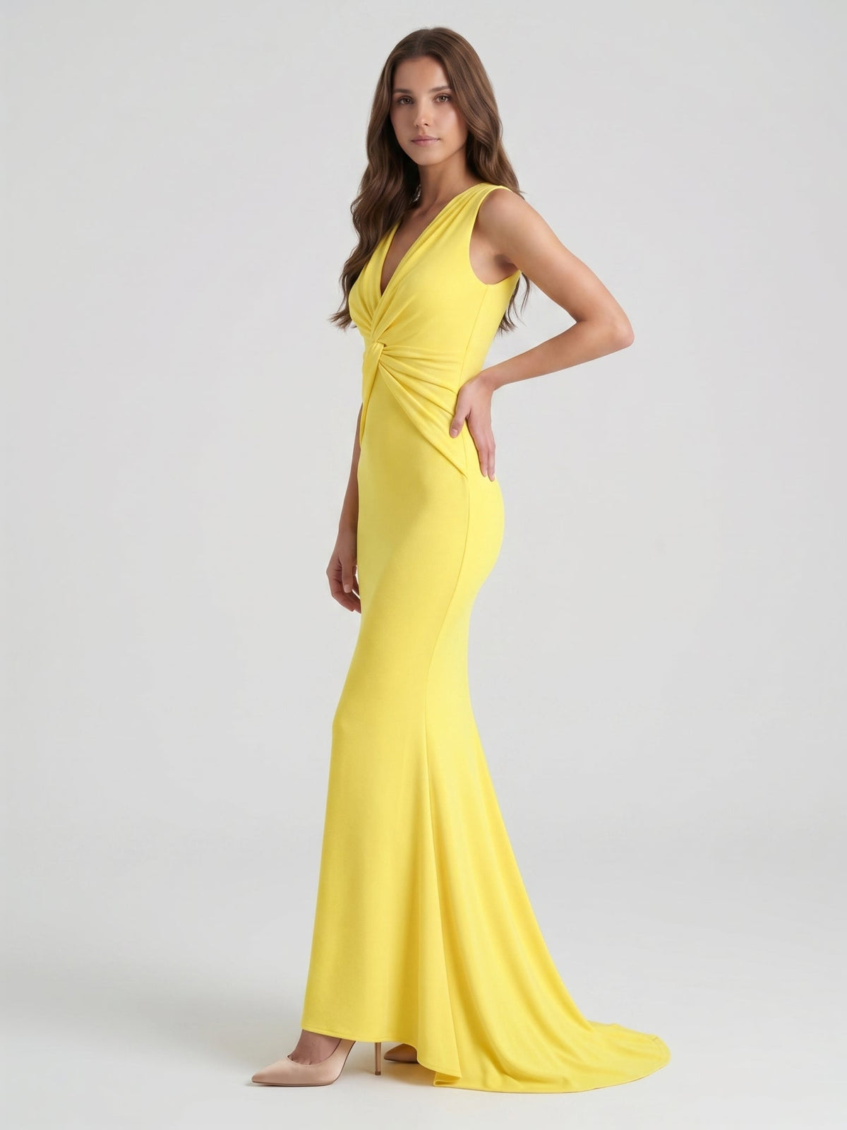 Lemon Stretch Knit Mermaid V-Neck Floor-Length Bridesmaid Dress with Pleats - Curvevia