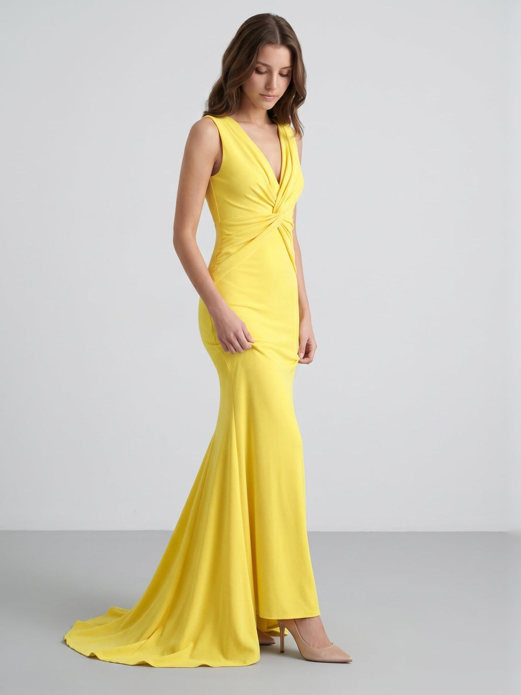 Lemon Stretch Knit Mermaid V-Neck Floor-Length Bridesmaid Dress with Pleats - Curvevia