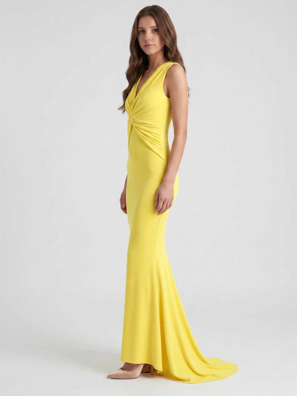 Lemon Stretch Knit Mermaid V-Neck Floor-Length Bridesmaid Dress with Pleats - Curvevia