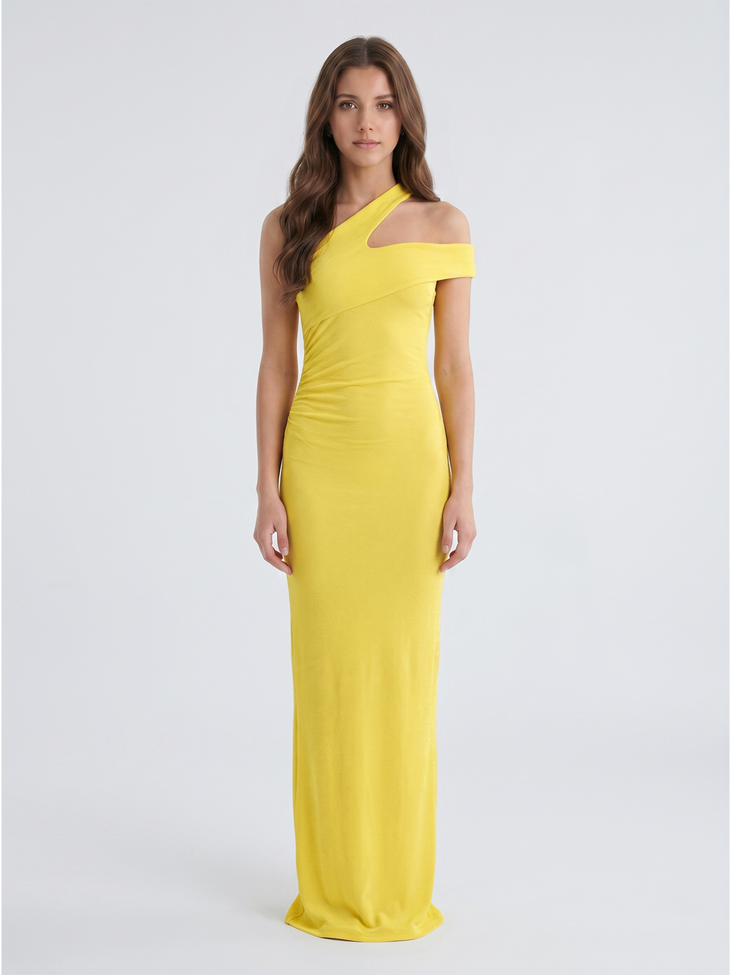 Lemon Stretch knit Sheath One Shoulder Side Zip Ankle Bridesmaid Dress with Pleats - Curvevia